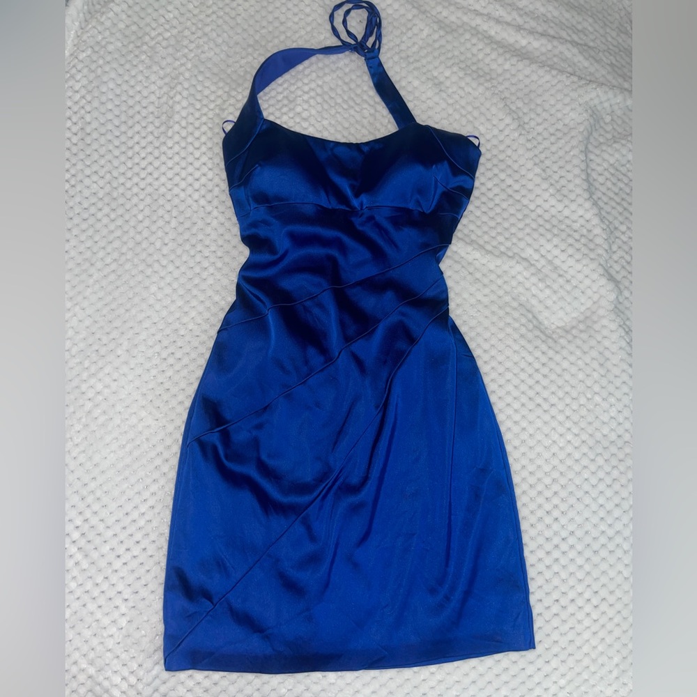 blue halter body tight dress